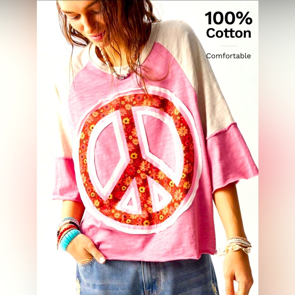 New Pink Peace Sign Graphic Tee Medium-oversized